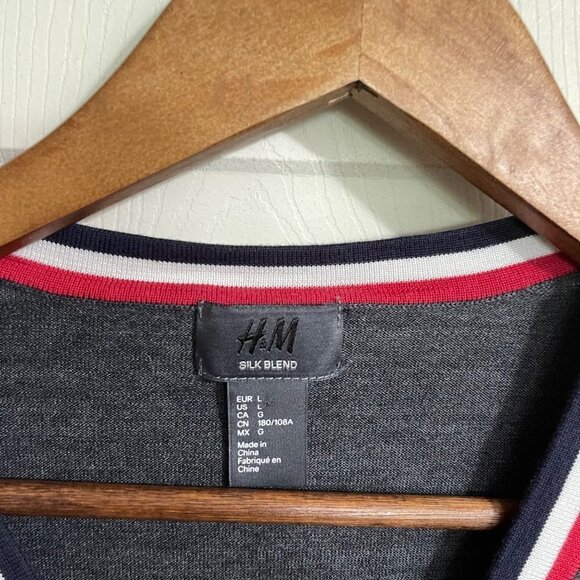 H&M Womens Gray Striped Trim Silk Cotton Button Up Cardigan Sweater Medium - Picture 2 of 6